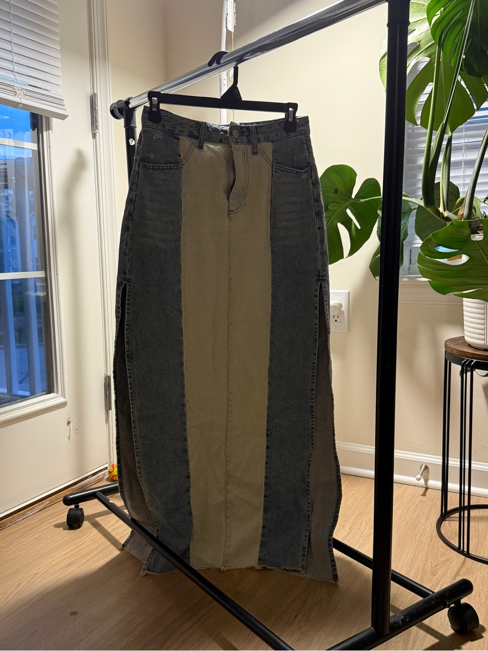 Two-Tone Panel Maxi Denim Skirt in light denim